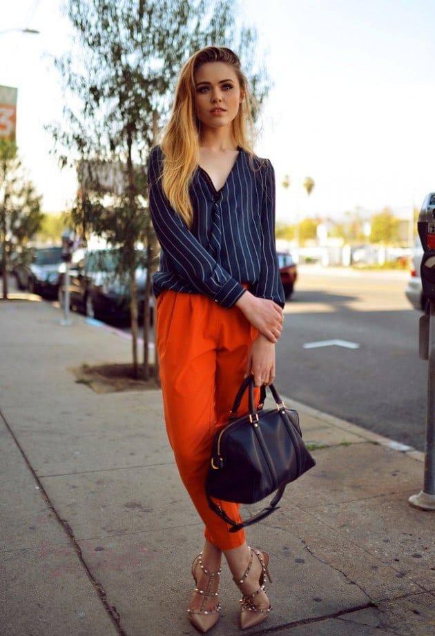 Cropped Orange Pants with a Striped Blouse — Classy Orange Pants Outfits
