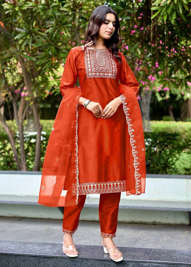 Vibrant Orange Embroidered Kurta Set with Slim-Fit Trousers — Classy Orange Pants Outfits