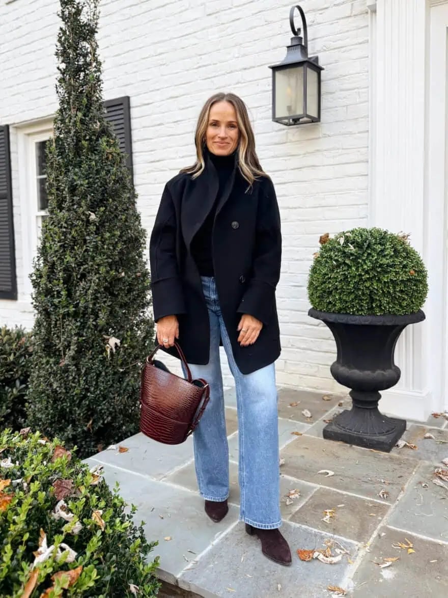 Double-Breasted Coat With Wide-Leg Jeans Double-Breasted Coat With Wide-Leg Jeans — Classy Outdoor Outfit
