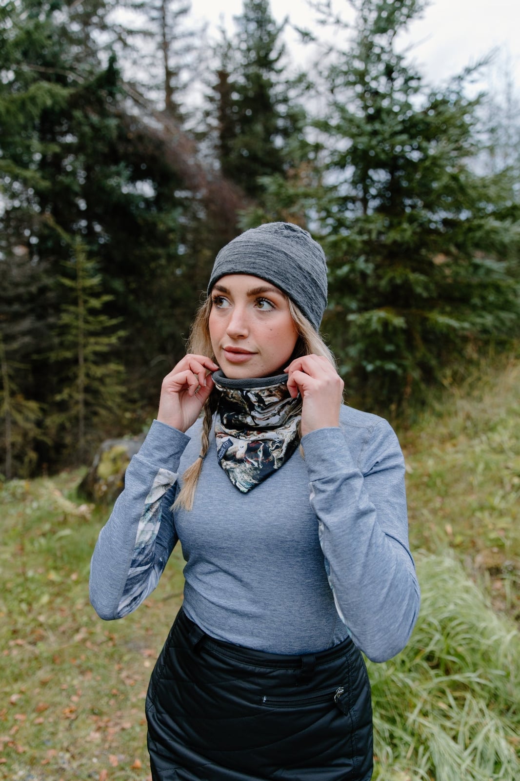 Grey Long-Sleeve Top With Neck Gaiter Grey Long-Sleeve Top With Neck Gaiter — Classy Outdoor Outfit