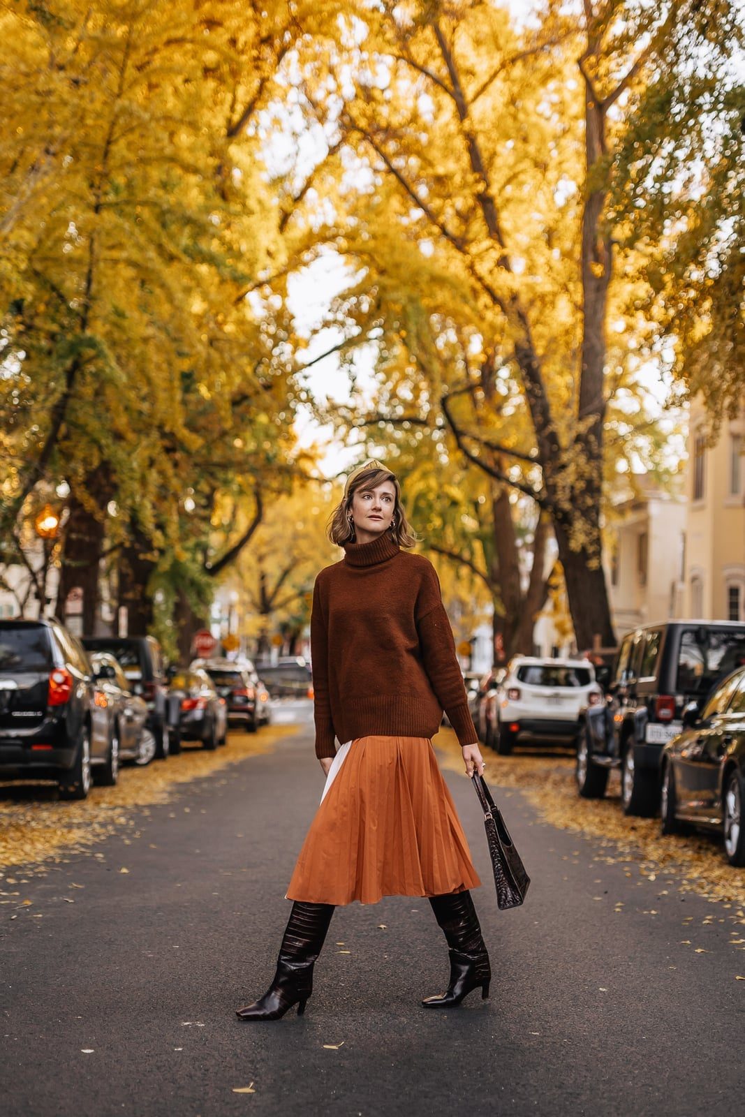 Turtleneck With Vibrant Orange Pleated Midi Skirt Turtleneck With Vibrant Orange Pleated Midi Skirt — Classy Outdoor Outfit