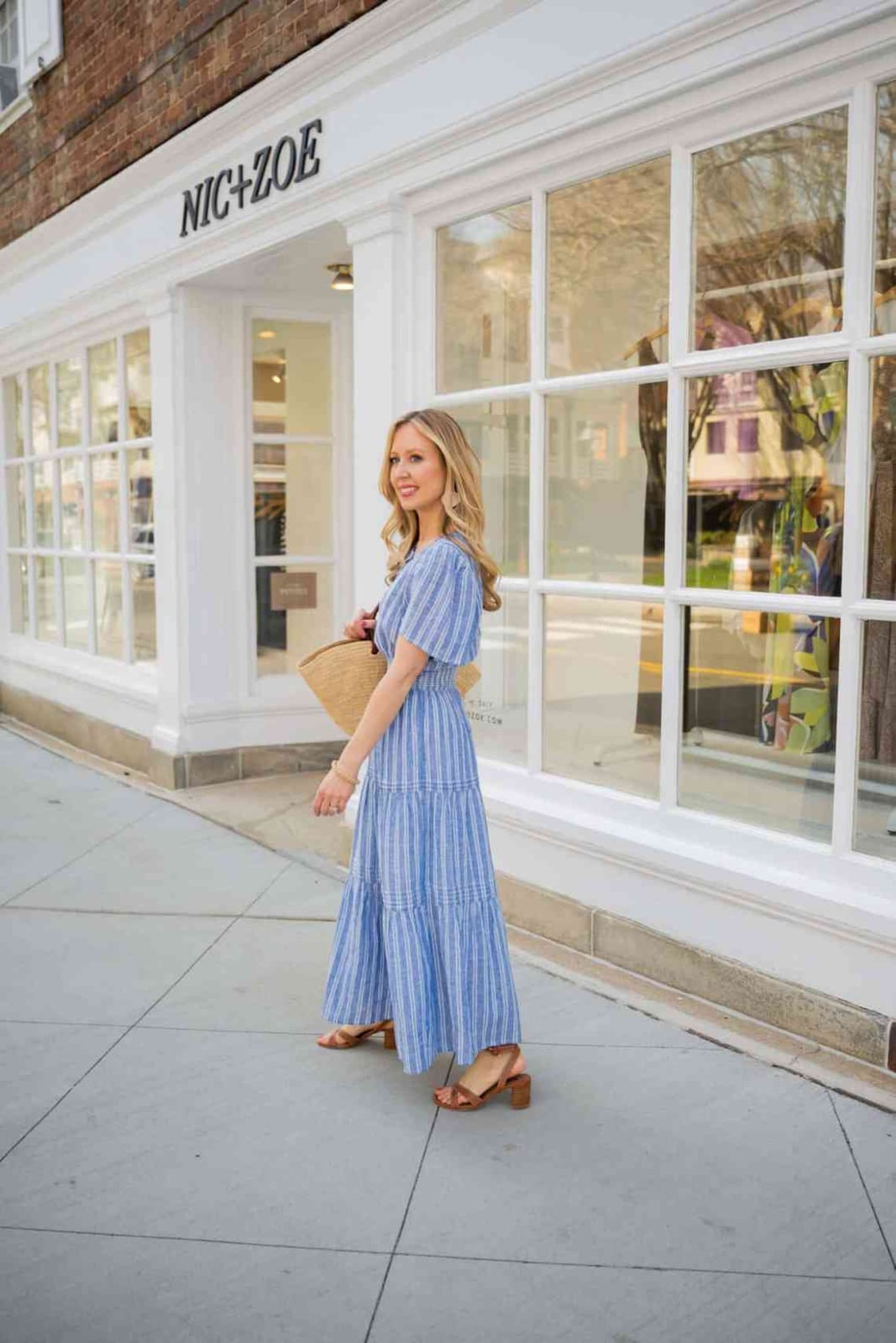 Striped Tiered Maxi Dress With Block Heels Striped Tiered Maxi Dress With Block Heels — Classy Outdoor Outfit