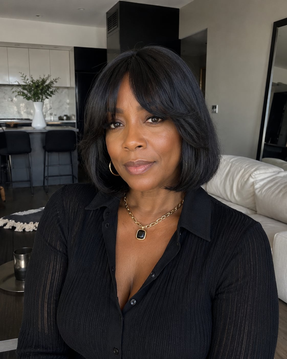 Sleek Black Bob With Curtain Bangs — Classy Outfit Hair