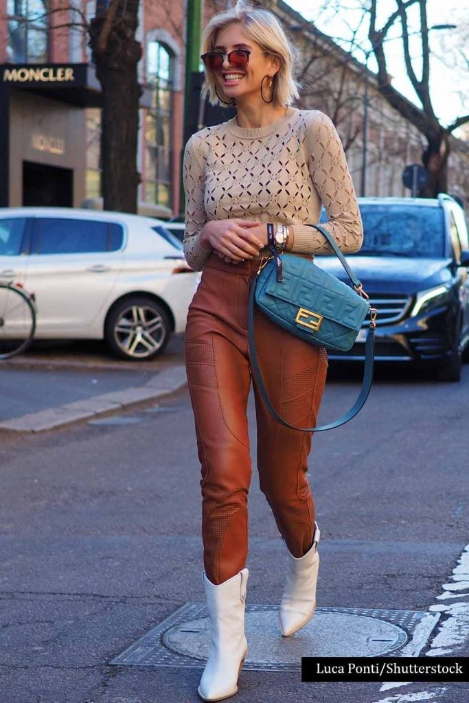 Tan Leather-Look Trousers With White Cowboy Boots — Classy Outfits with Cowboy Boots