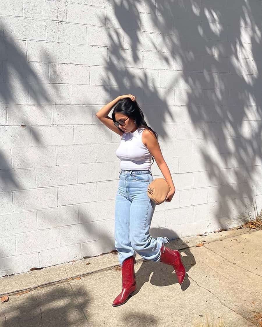 Red Cowboy Boots With Wide Leg Jeans — Classy Outfits with Cowboy Boots