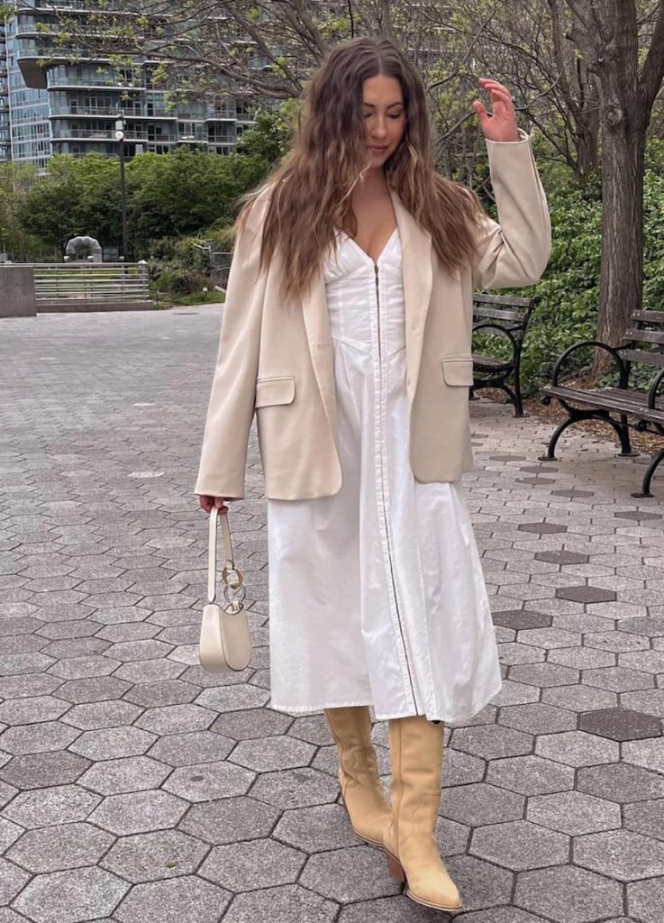 Tan Cowboy Boots With Zip-Up Dress And Blazer — Classy Outfits with Cowboy Boots