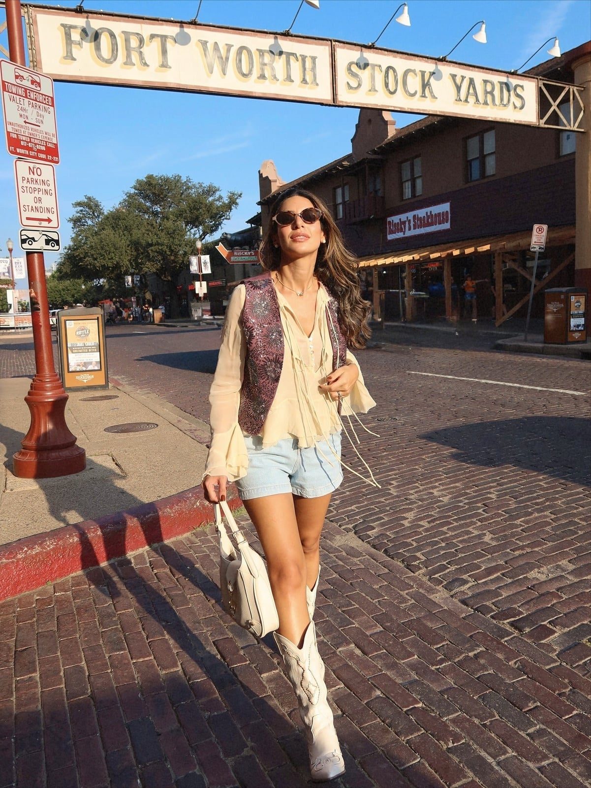 White Cowboy Boots With Yellow Blouse And Patterned Vest — Classy Outfits with Cowboy Boots