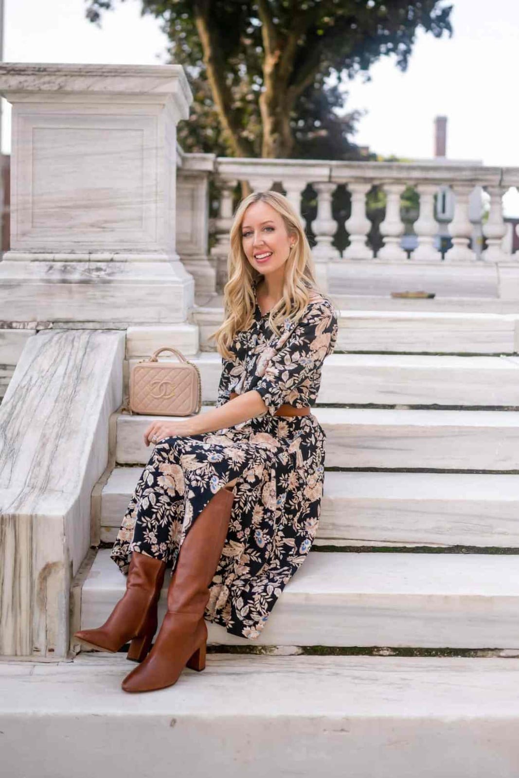 Brown Leather Cowboy Boots With Floral Maxi Dress — Classy Outfits with Cowboy Boots