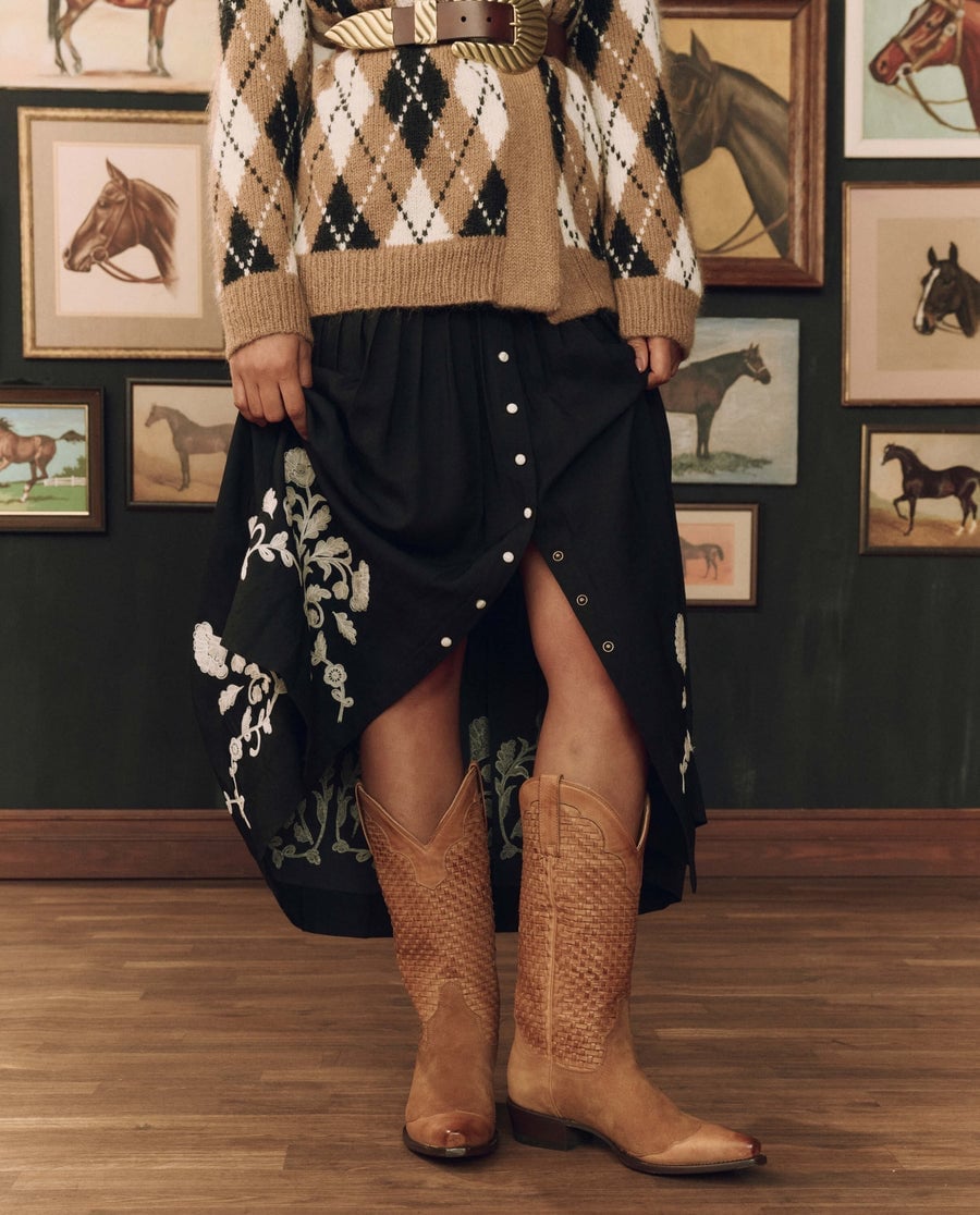 Tan Woven Cowboy Boots With Embroidered Midi Skirt — Classy Outfits with Cowboy Boots