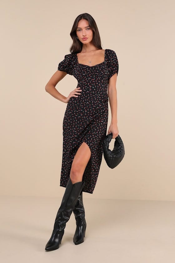 Black Knee High Boots With Patterned Midi Dress — Classy Outfits with Cowboy Boots