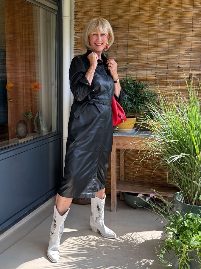 White Cowboy Boots With Black Leather Midi Dress — Classy Outfits with Cowboy Boots