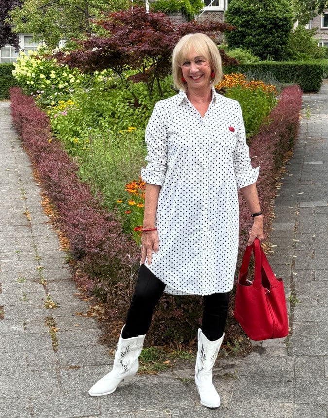 White Cowboy Boots With Polka Dot Shirt Dress — Classy Outfits with Cowboy Boots