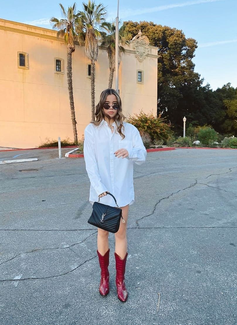 Red Cowboy Boots With Oversized White Shirt — Classy Outfits with Cowboy Boots