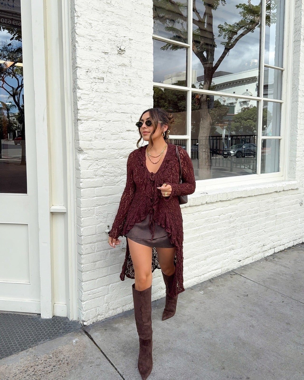 Brown Suede Cowboy Boots With Burgundy Cardigan — Classy Outfits with Cowboy Boots