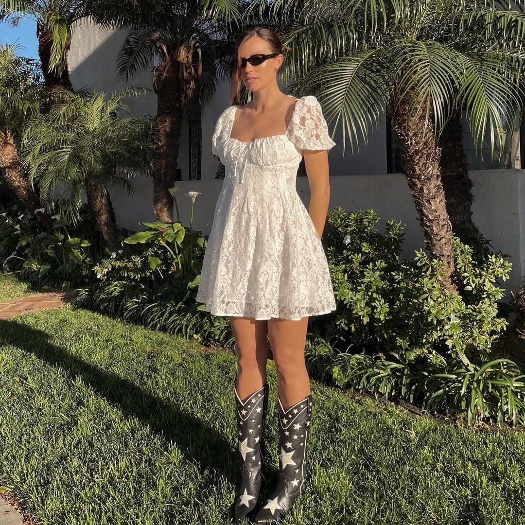 Black Cowboy Boots With White Lace Mini Dress — Classy Outfits with Cowboy Boots