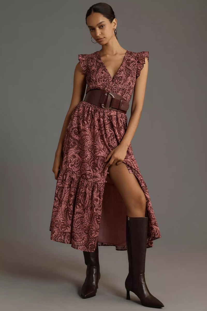 Brown Knee High Cowboy Boots With Paisley Midi Dress — Classy Outfits with Cowboy Boots
