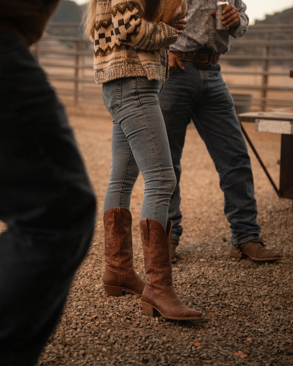 Brown Cowboy Boots With Patterned Sweater — Classy Outfits with Cowboy Boots