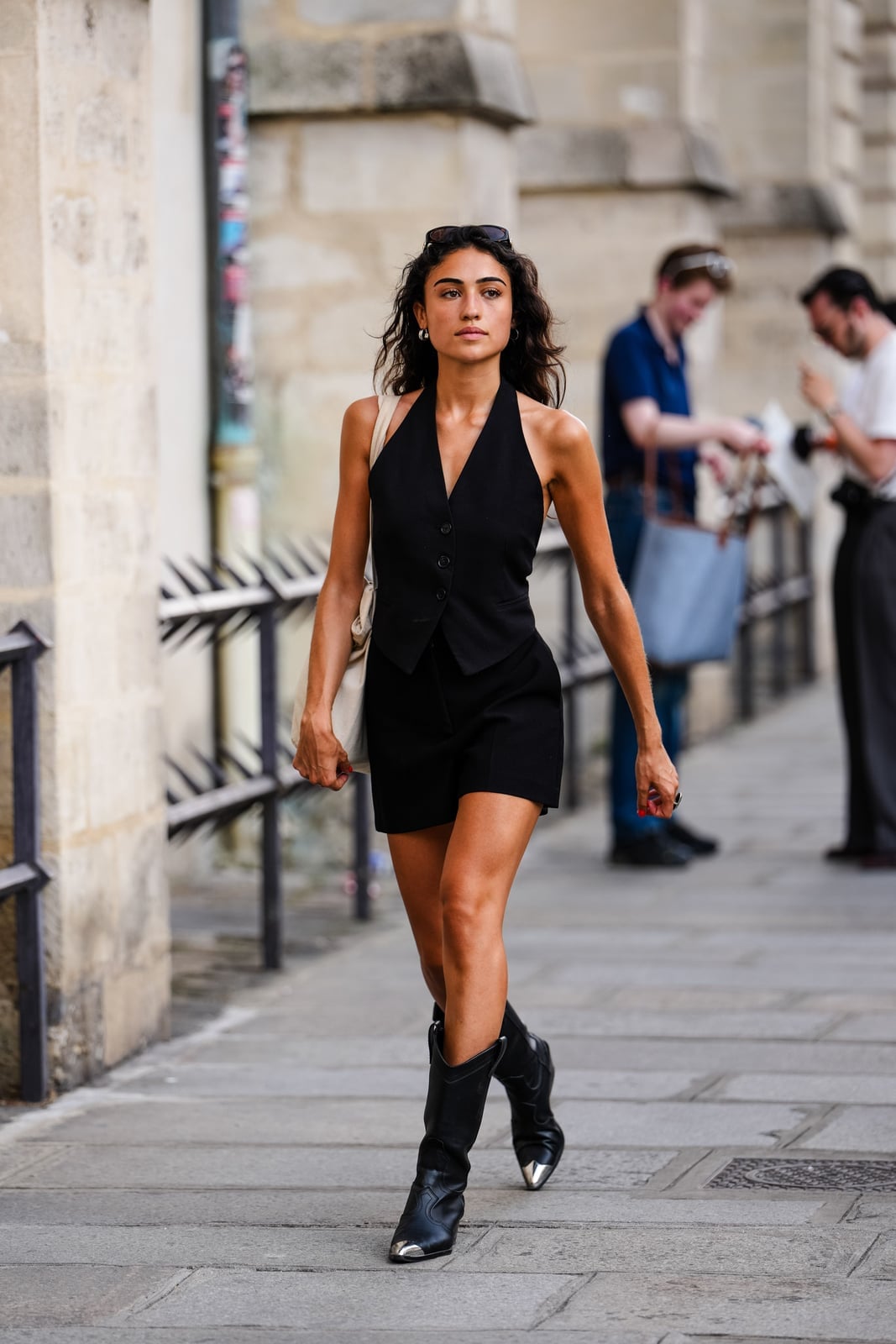 Black Halter Vest With Loose Shorts And Cowboy Boots — Classy Outfits with Cowboy Boots