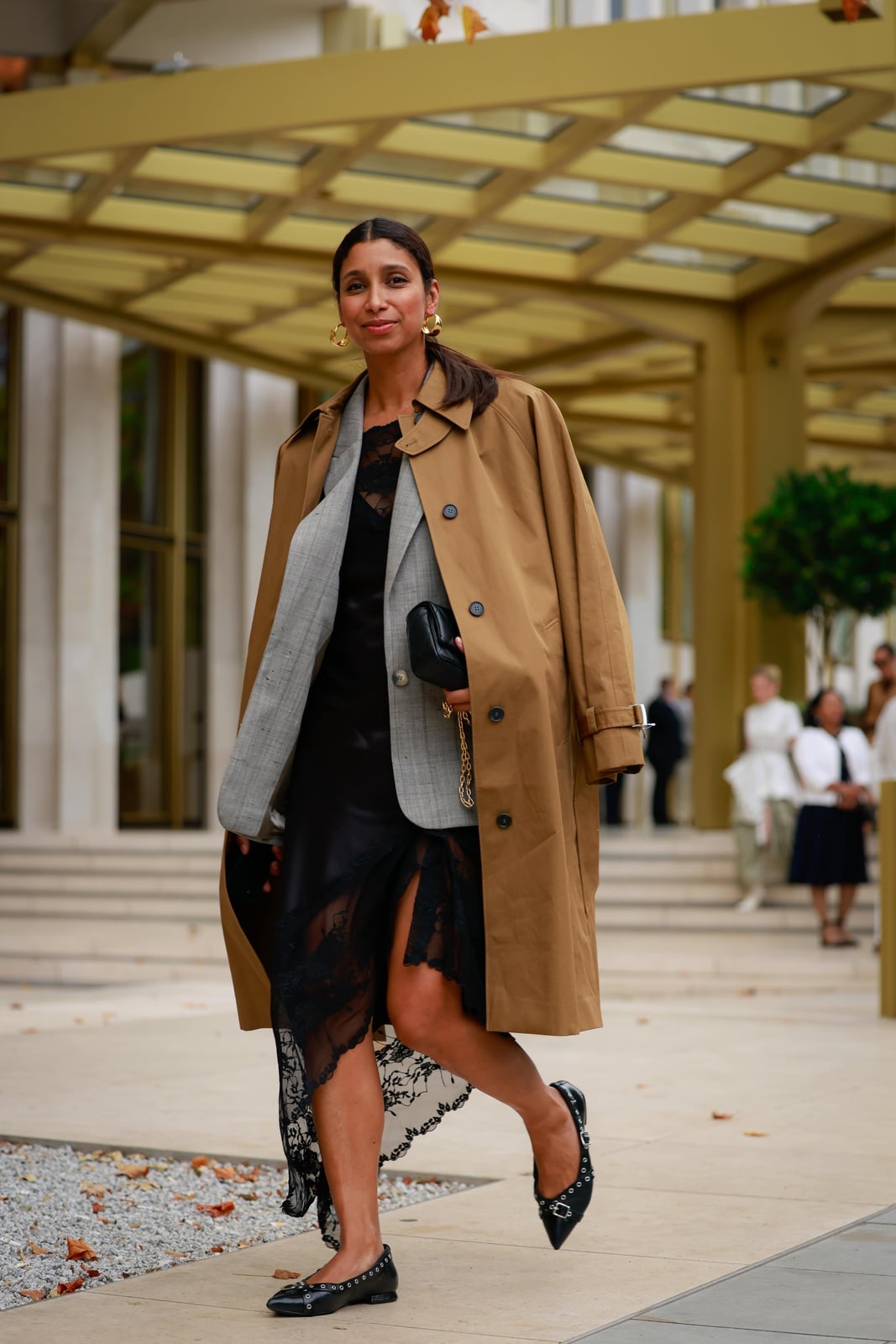 Studded Flats with a Trench Coat and Slip Dress Studded Flats with a Trench Coat and Slip Dress — Classy Outfits with Flats