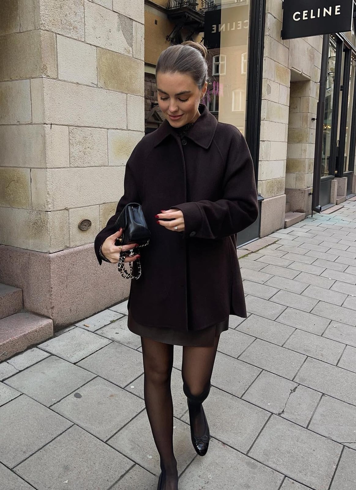 Dark Brown Coat With Opaque Tights — Classy Outfits with Tights