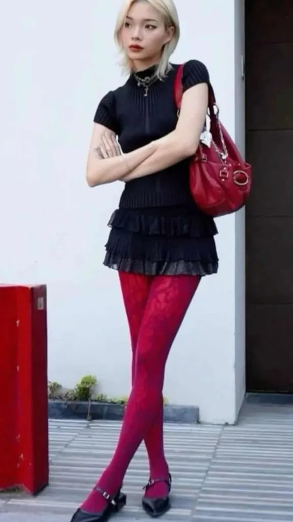 Textured Burgundy Tights With Ruffled Skirt — Classy Outfits with Tights