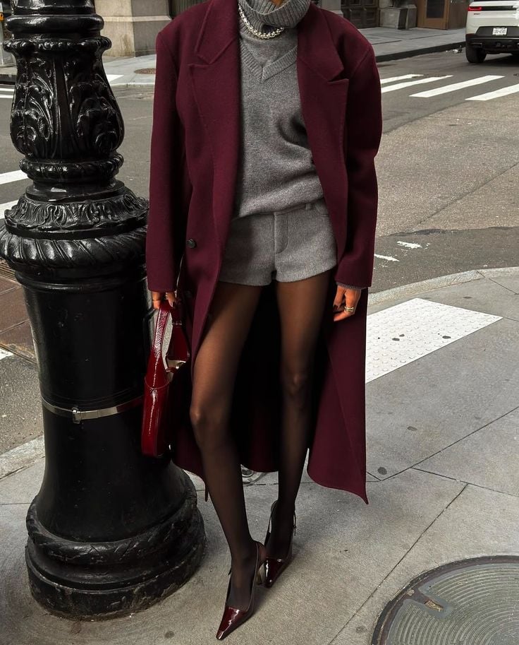 Beige Coat With Shiny Patent Leggings — Classy Outfits with Tights