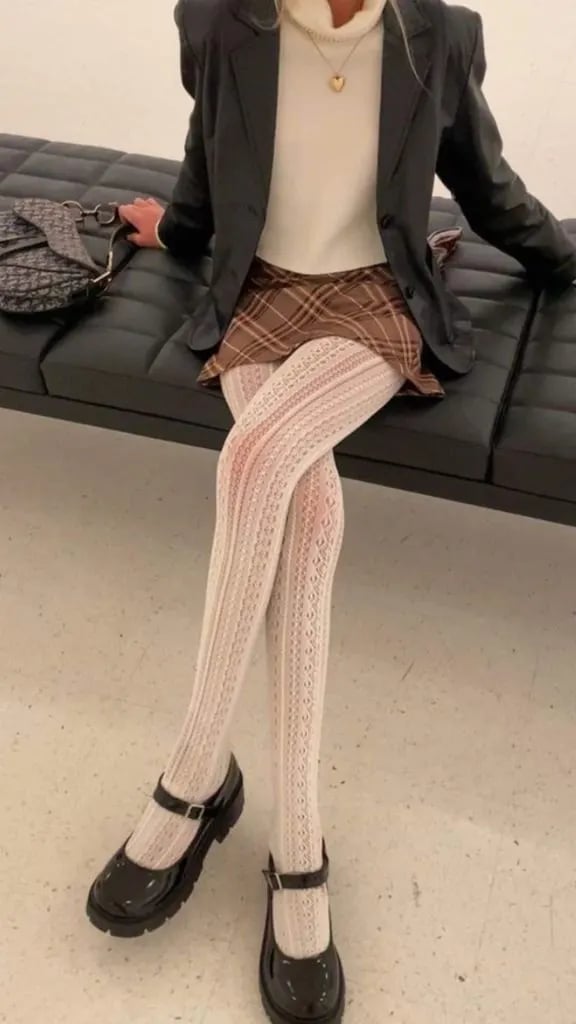 Plaid Skirt With White Textured Tights — Classy Outfits with Tights