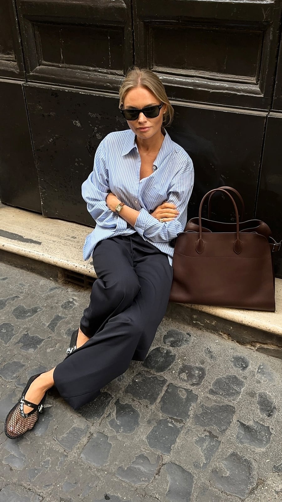 Oversized Blue Striped Shirt with Black Trousers Oversized Blue Striped Shirt with Black Trousers — Classy Oversize Outfits