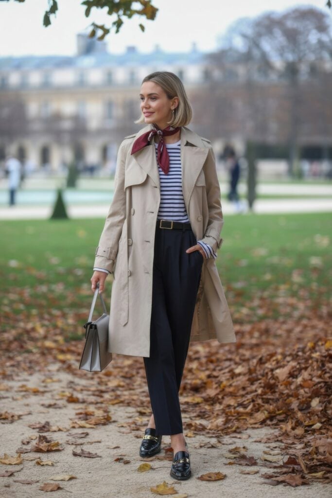 Beige Trench Coat with a Striped Top and Scarf Beige Trench Coat with a Striped Top and Scarf — Classy Paris Outfits