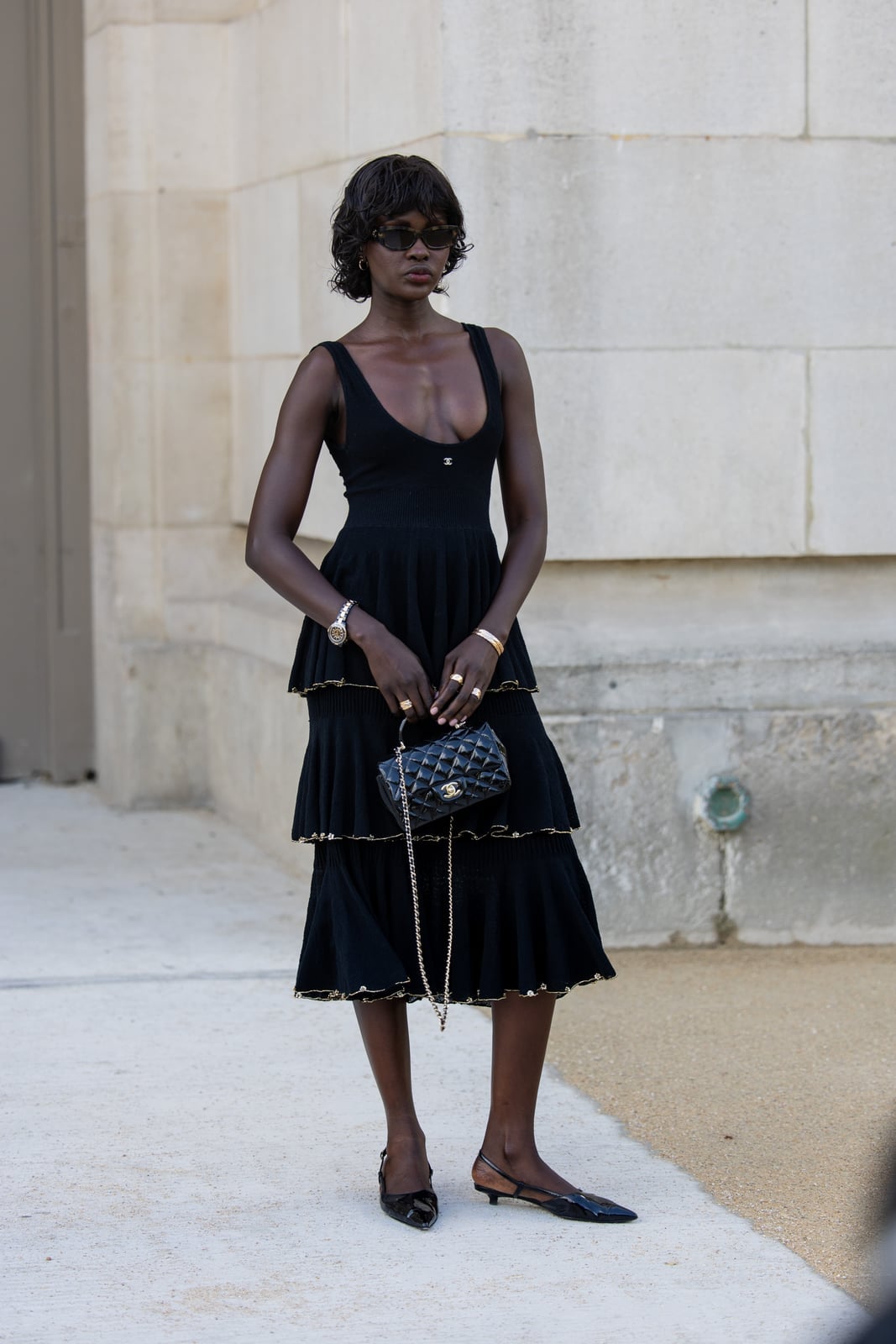 A Black Tiered Dress with Gold Trim A Black Tiered Dress with Gold Trim — Classy Paris Outfits