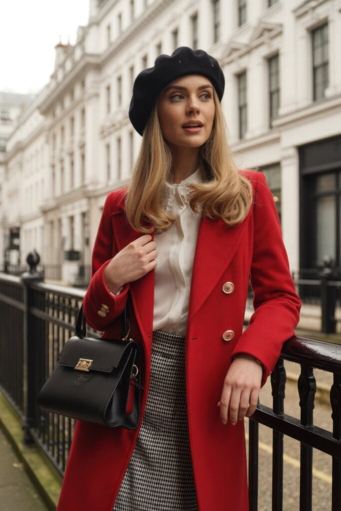 Red Double-Breasted Coat with Houndstooth Skirt Red Double-Breasted Coat with Houndstooth Skirt — Classy Paris Outfits
