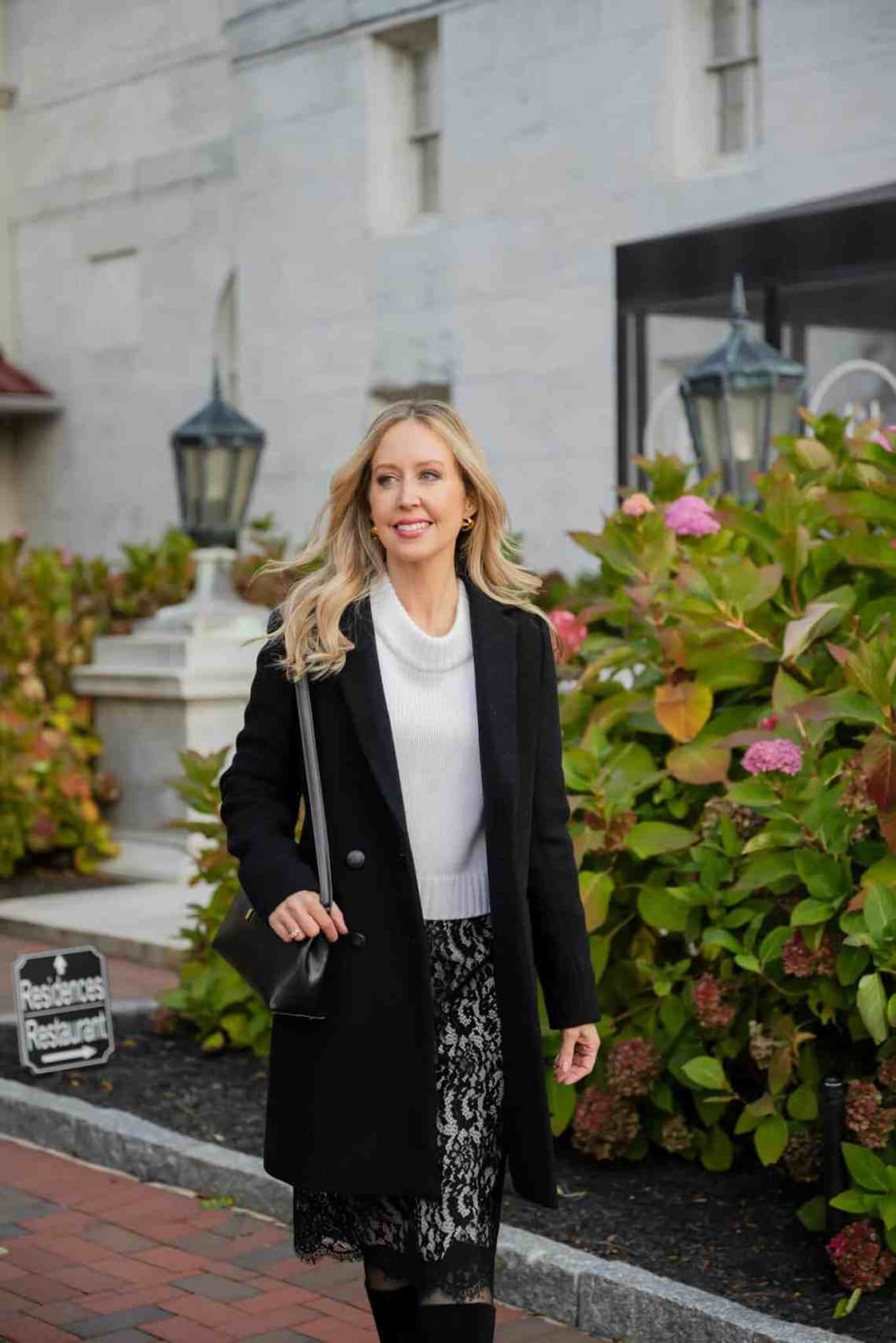 Black Wool Coat Over a White Turtleneck and Lace Skirt Black Wool Coat Over a White Turtleneck and Lace Skirt — Classy Paris Outfits