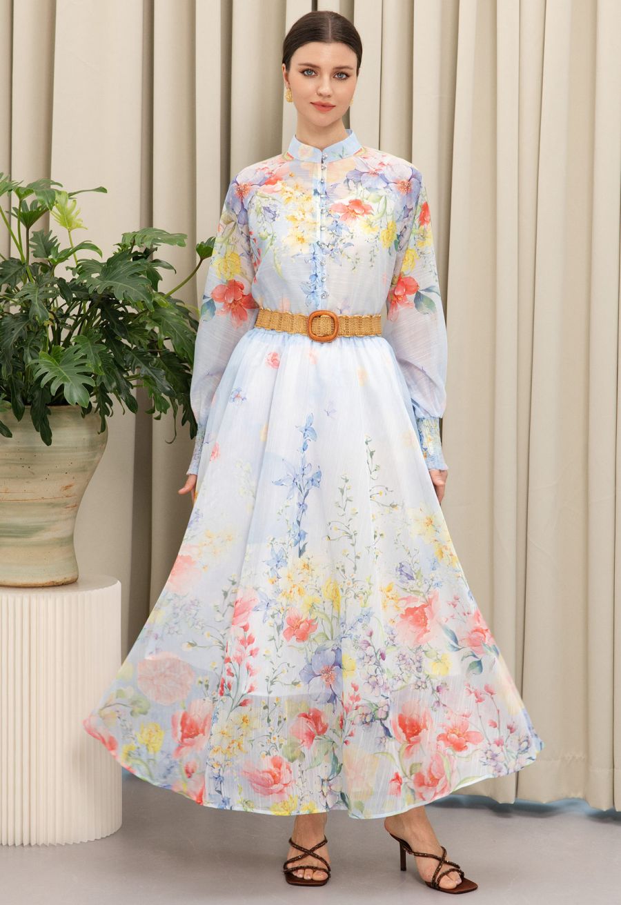 Pastel Blue Floral Print Top and Maxi Skirt Set — Classy Pastel Outfits