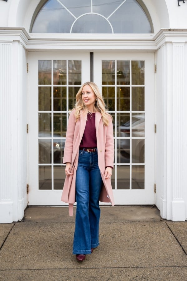 Pastel Pink Long Coat Over Burgundy Top and Jeans — Classy Pastel Outfits