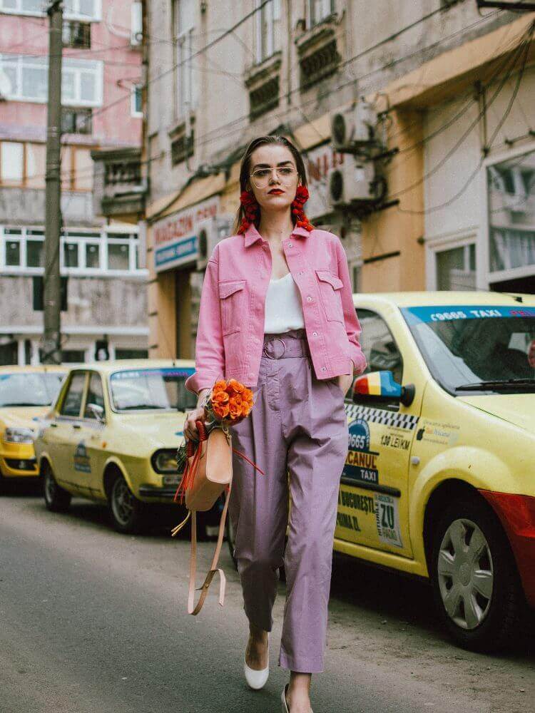 Pastel Pink Denim Jacket with Purple Wide-Leg Trousers — Classy Pastel Outfits