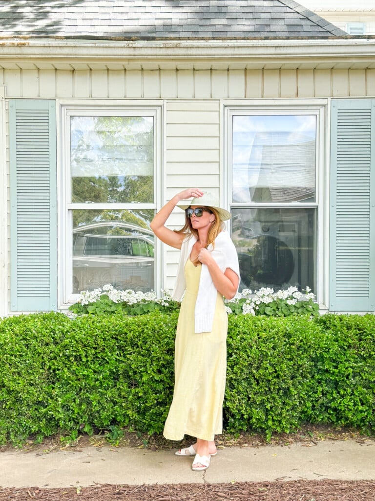 Pastel Yellow Linen Dress with White Knit Cardigan — Classy Pastel Outfits