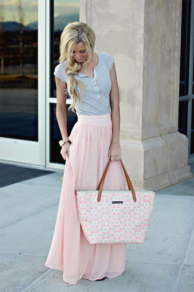 Grey Top with Pastel Pink A-Line Maxi Skirt — Classy Pastel Outfits