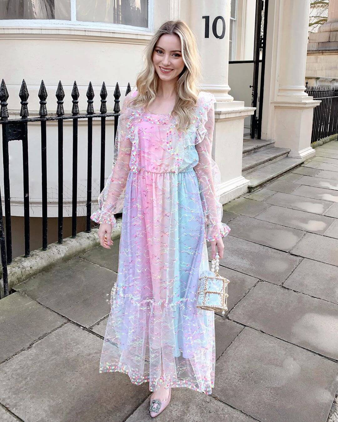 Pastel Gradient Maxi Dress with Sequined Overlay — Classy Pastel Outfits