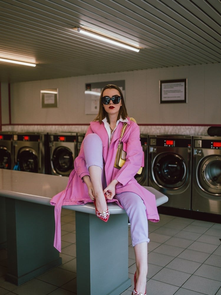 Pink Trench Coat Over Lavender Wide-Leg Trousers — Classy Pastel Outfits