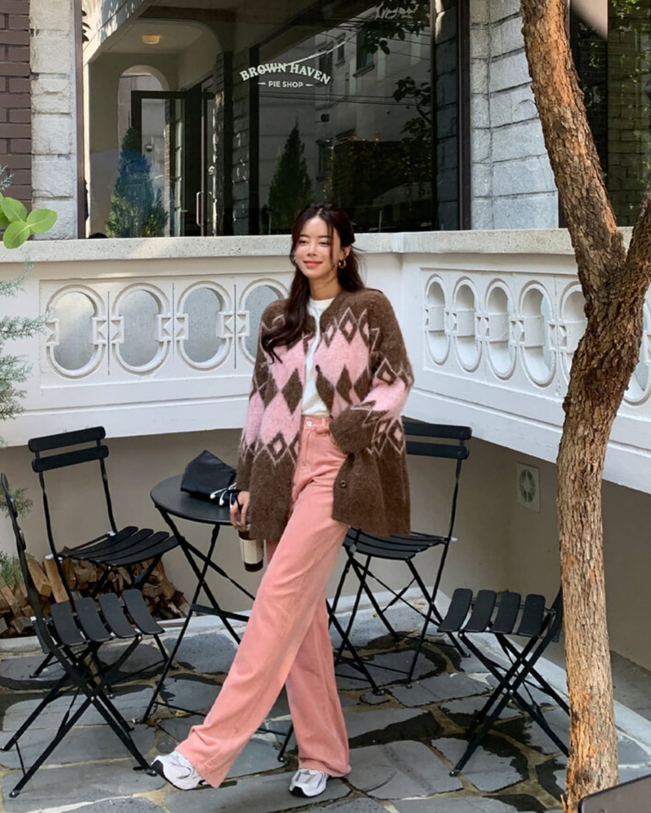 Fair Isle Cardigan Over White T-Shirt and Pink Trousers — Classy Pastel Outfits