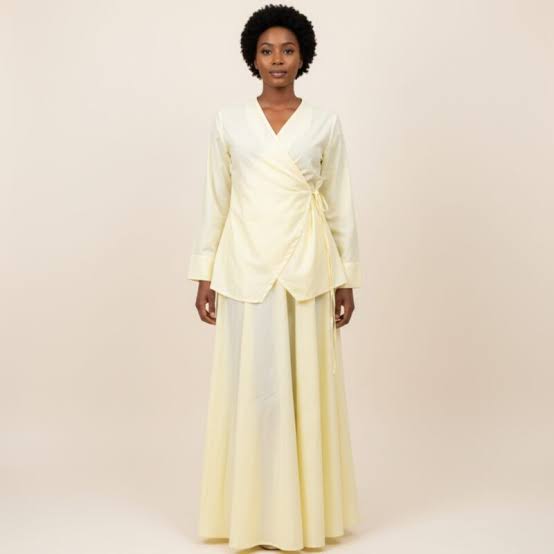 Pale Yellow Wrap Top with Flowing Maxi Skirt — Classy Pastel Outfits