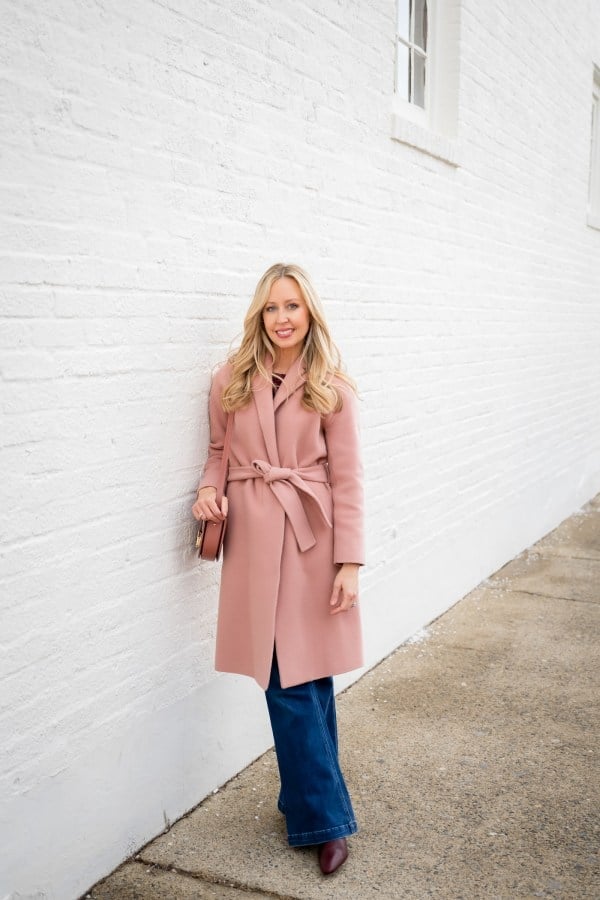 Pink Tie-Waist Wrap Coat Over Dark Wash Jeans — Classy Pastel Outfits