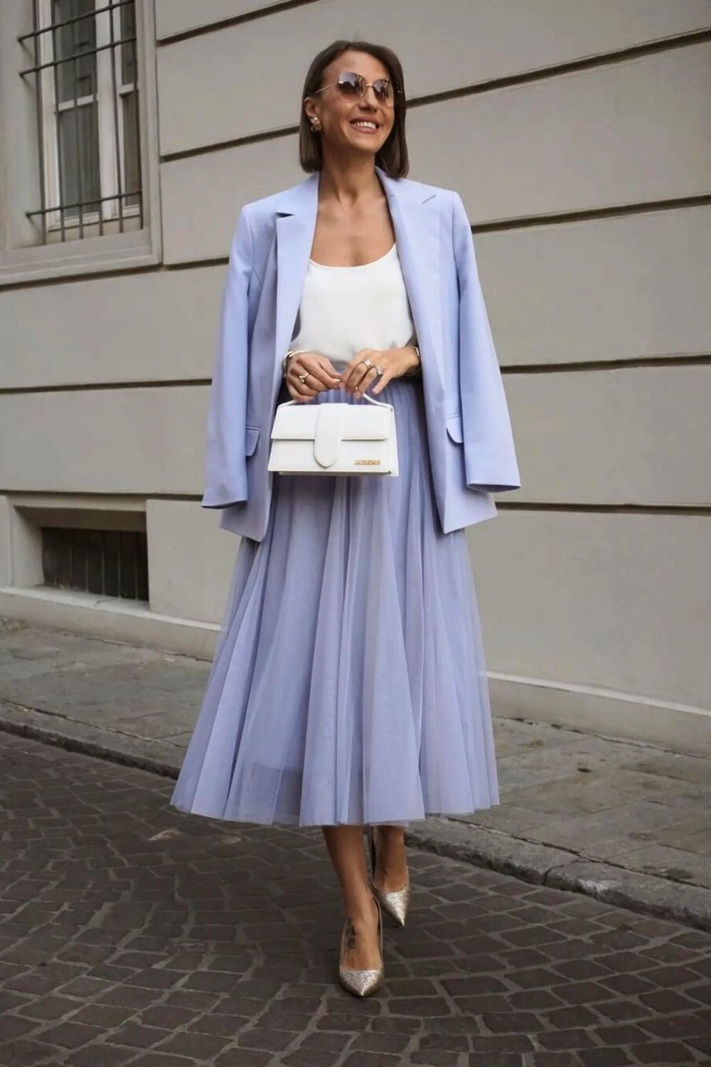 Pastel Blue Oversized Blazer with Tulle Midi Skirt — Classy Pastel Outfits