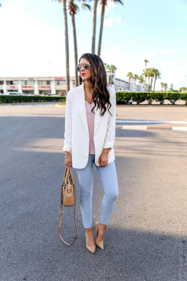 White Oversized Blazer with Pastel Blue Skinny Trousers — Classy Pastel Outfits