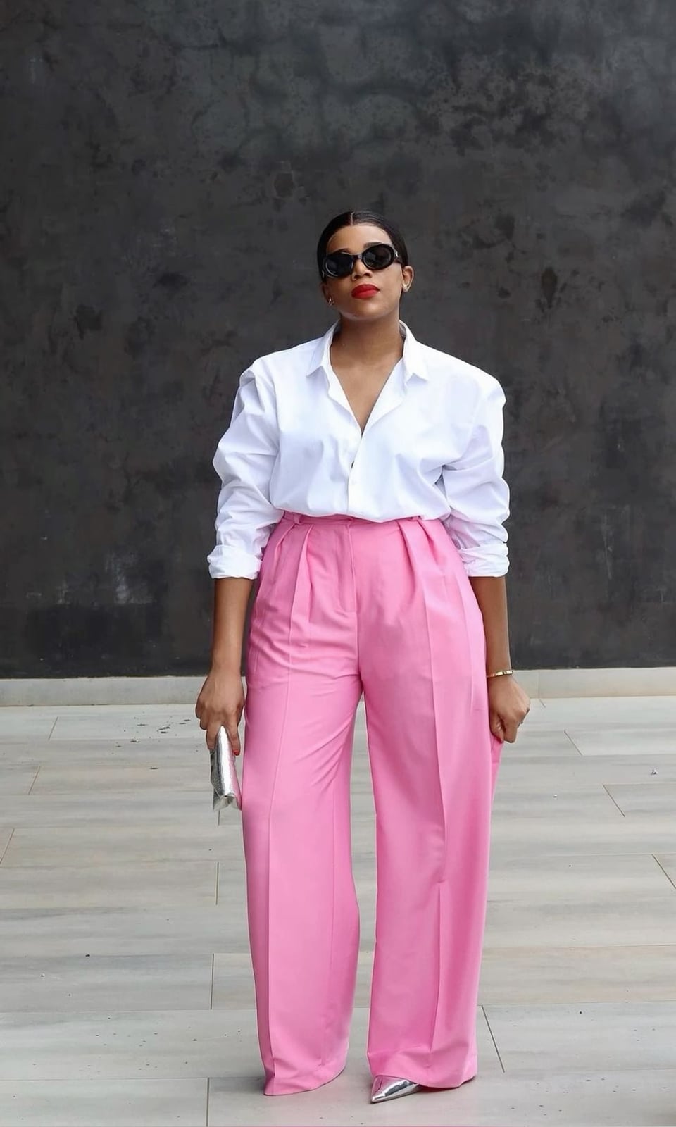 White Oversized Shirt with High-Waisted Pink Trousers — Classy Pastel Outfits