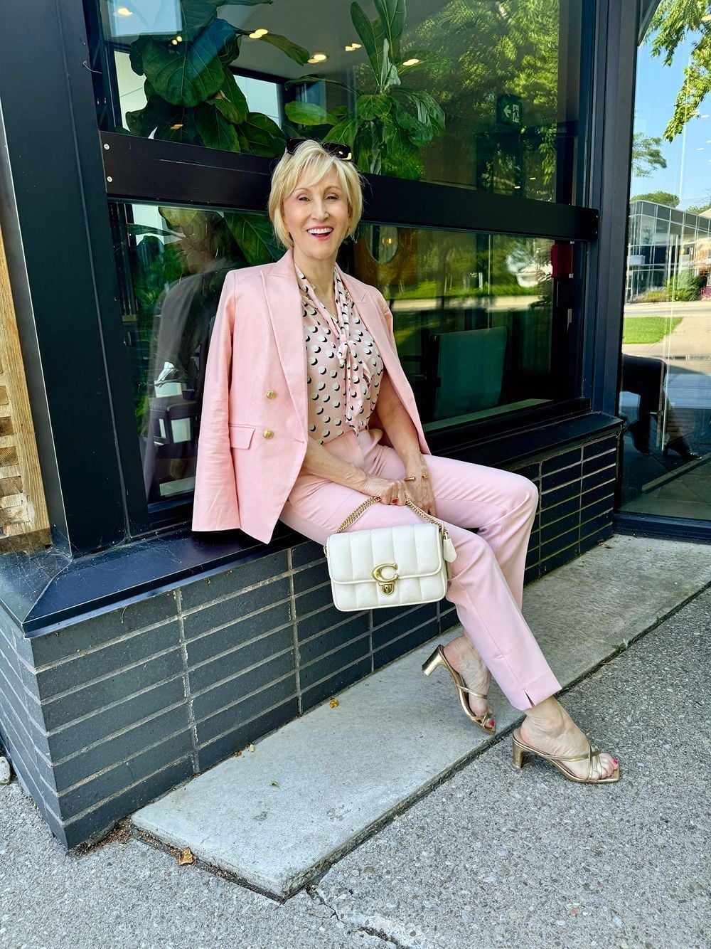 Pink Oversized Blazer with Polka Dot Blouse — Classy Pastel Outfits