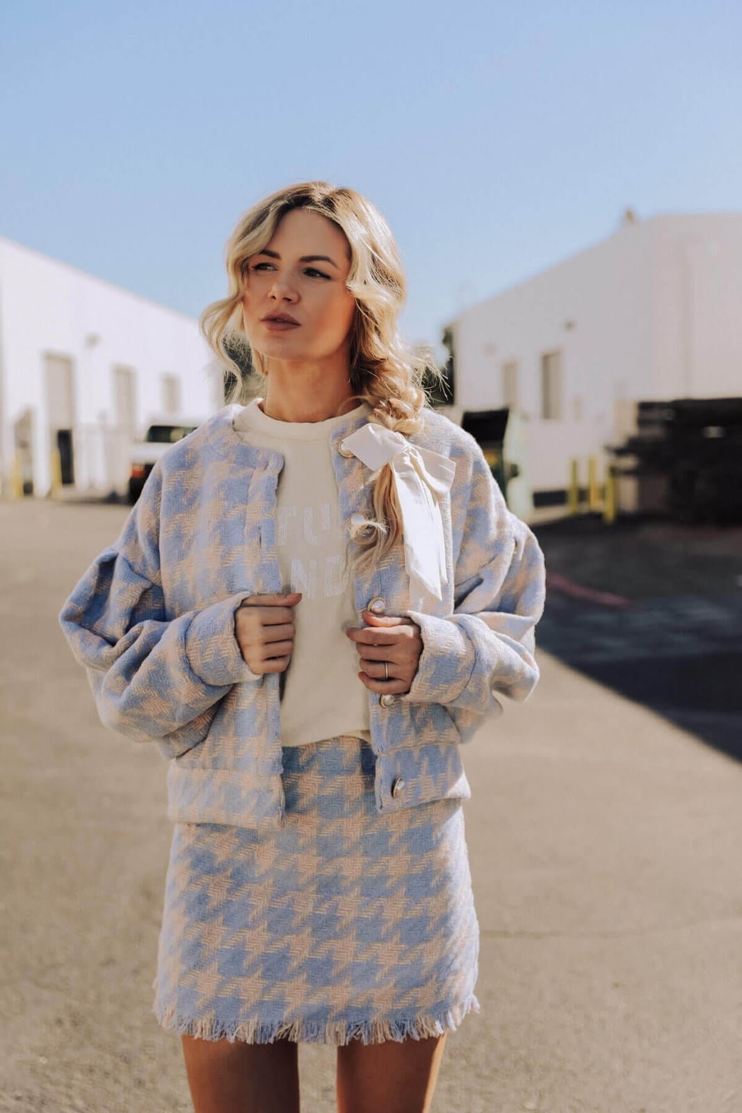 Pastel Blue Houndstooth Jacket and Mini Skirt Set — Classy Pastel Outfits
