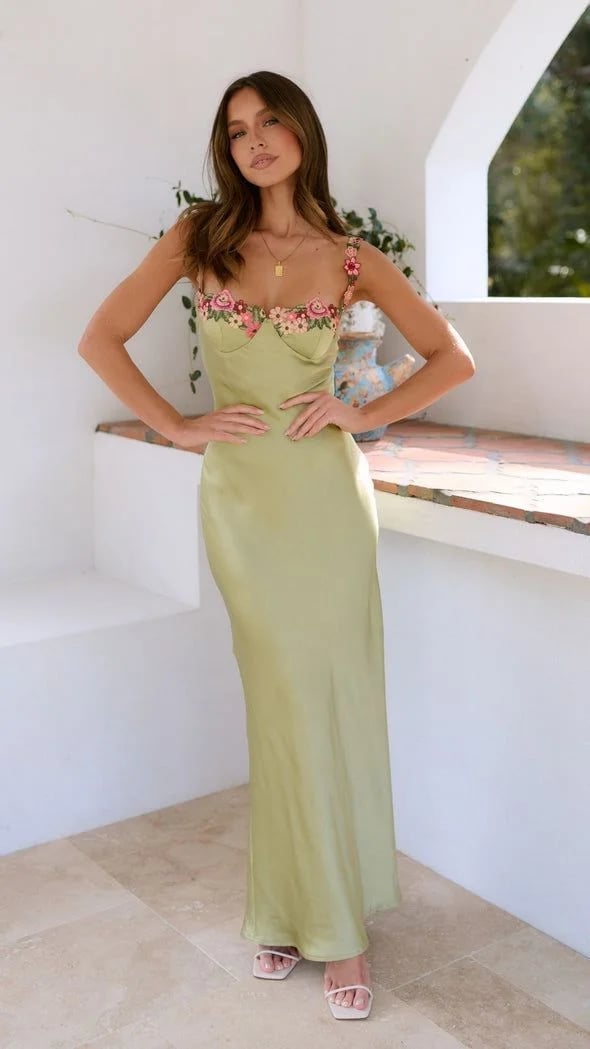 Light Green Satin Slip Dress with Floral Embroidery — Classy Pastel Outfits