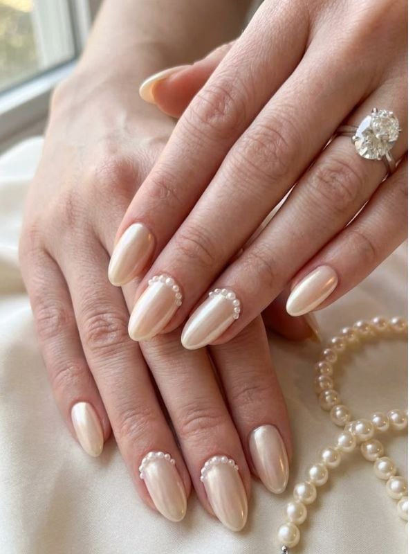 Pale Ivory Pearlescent with Cuticle Pearls Pale Ivory Pearlescent with Cuticle Pearls — Classy Pearl Nails