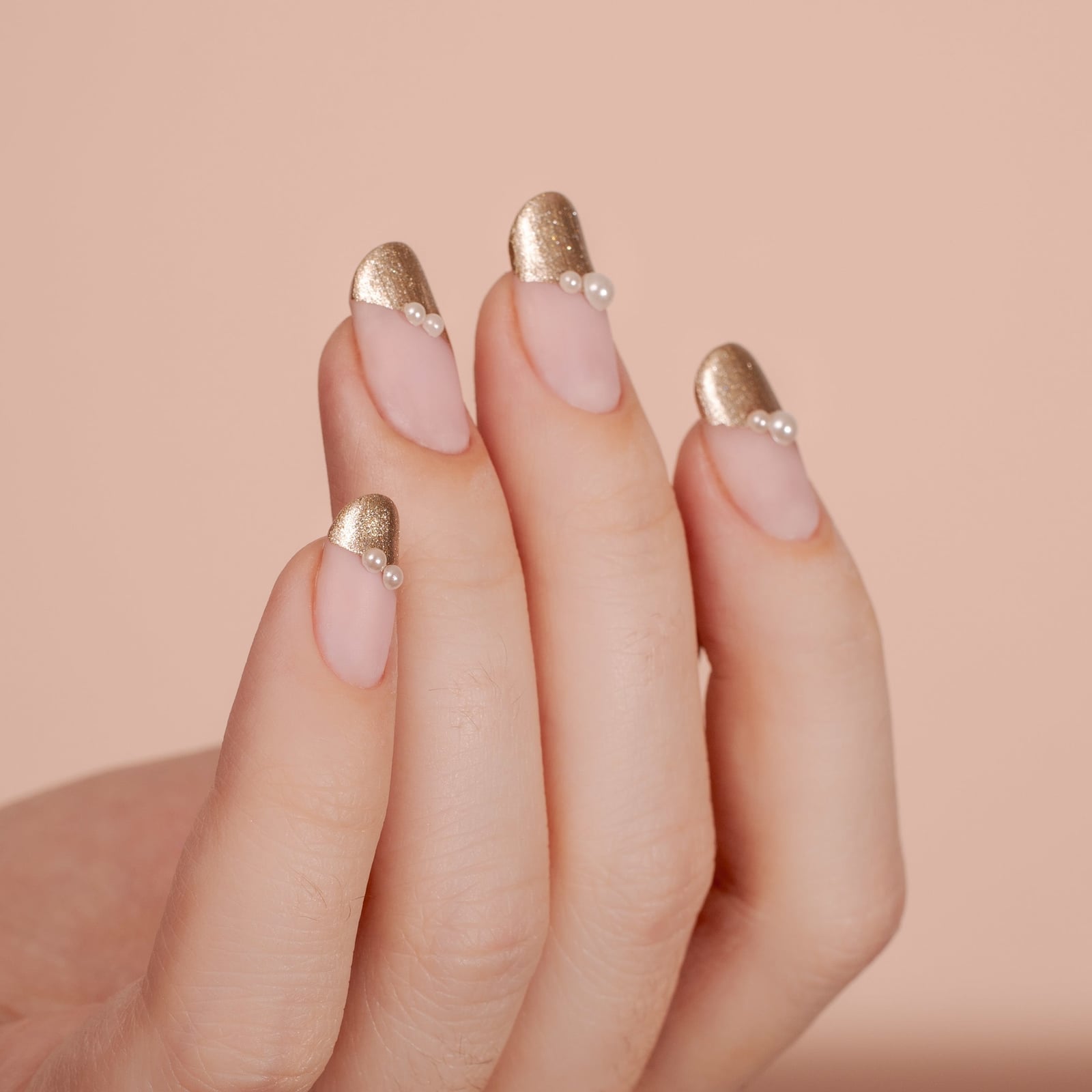 Nude Base Gold French with Base Pearls Nude Base Gold French with Base Pearls — Classy Pearl Nails
